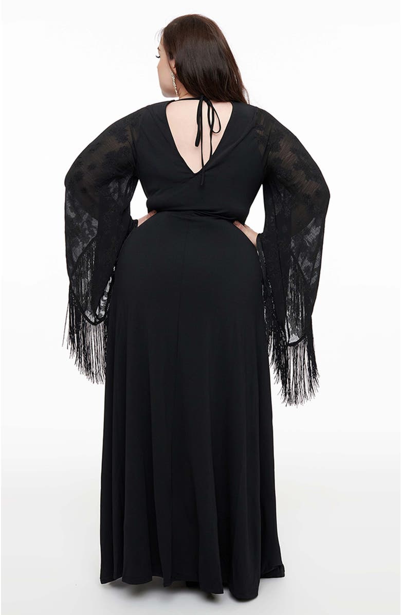 Smak Parlour Plus Size Fringed Long Bell Sleeved Ruched Maxi Dress, Alternate, color, Black