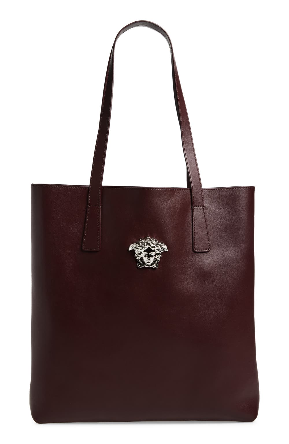 Medusa Leather Tote Bag, color, BURGUNDY PALLADIUM