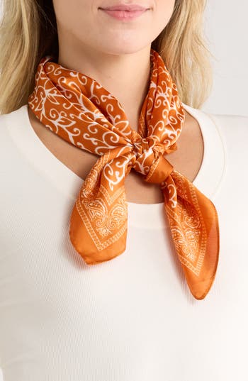 Ellian Paisley Print Satin Square Scarf In Orange