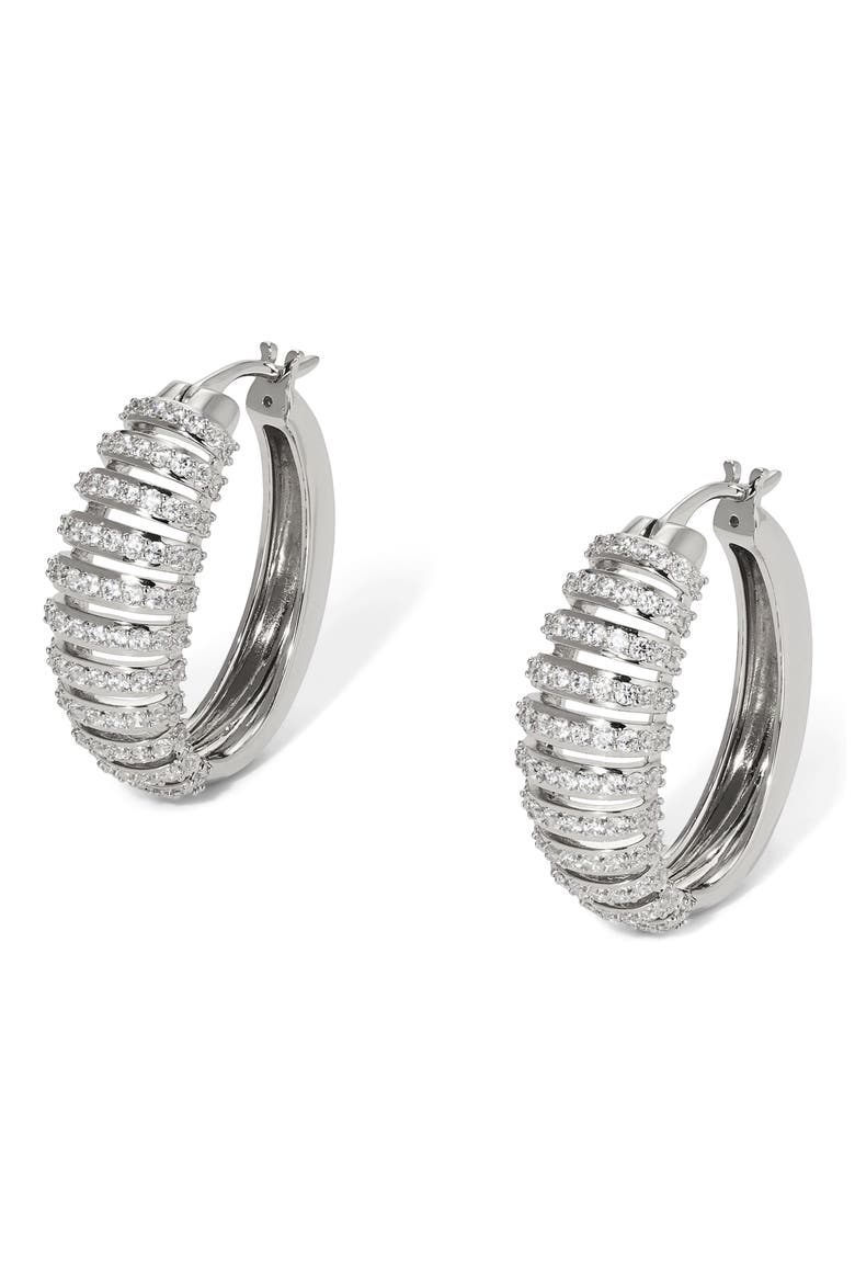 Juno Pavé Hoop Earrings, Main, color, RHODIUM