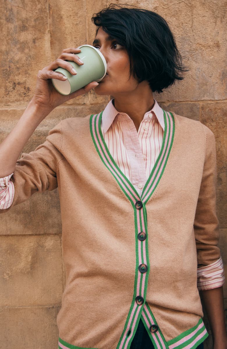 Boden Longline Cotton & Cashmere V-Neck Cardigan, Alternate, color, Camel Melange