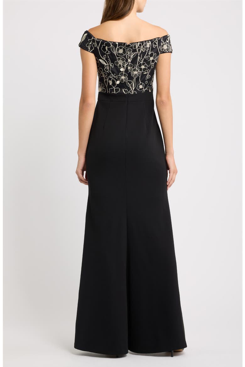 Floral Embroidered Off the Shoulder Trumpet Gown, Alternate, color, BLACK