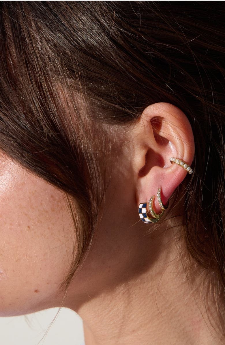 Nickel & Suede Checkered Enamel Huggies, Alternate, color, Navy / White Checkered