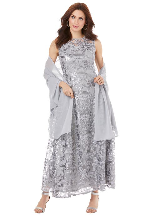 Plus-Size Allover Lace Embellished Shawl Gown (Plus)