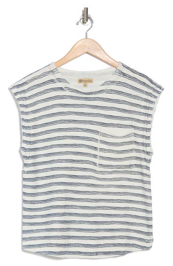 Democracy Stripe Cap Sleeve Pocket Sweater In Off White/navy