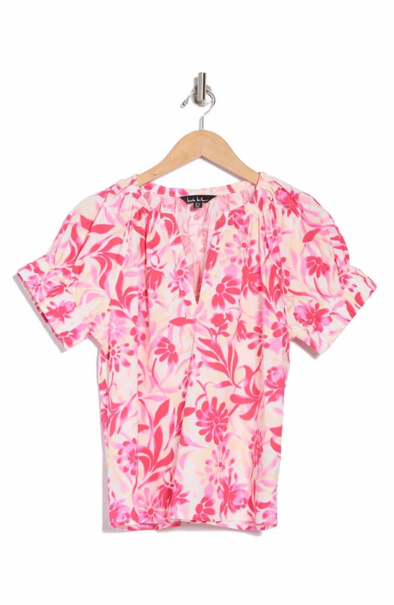 Nicole Miller Split Neck Puff Sleeve Top, Alternate, color, Pink Floral