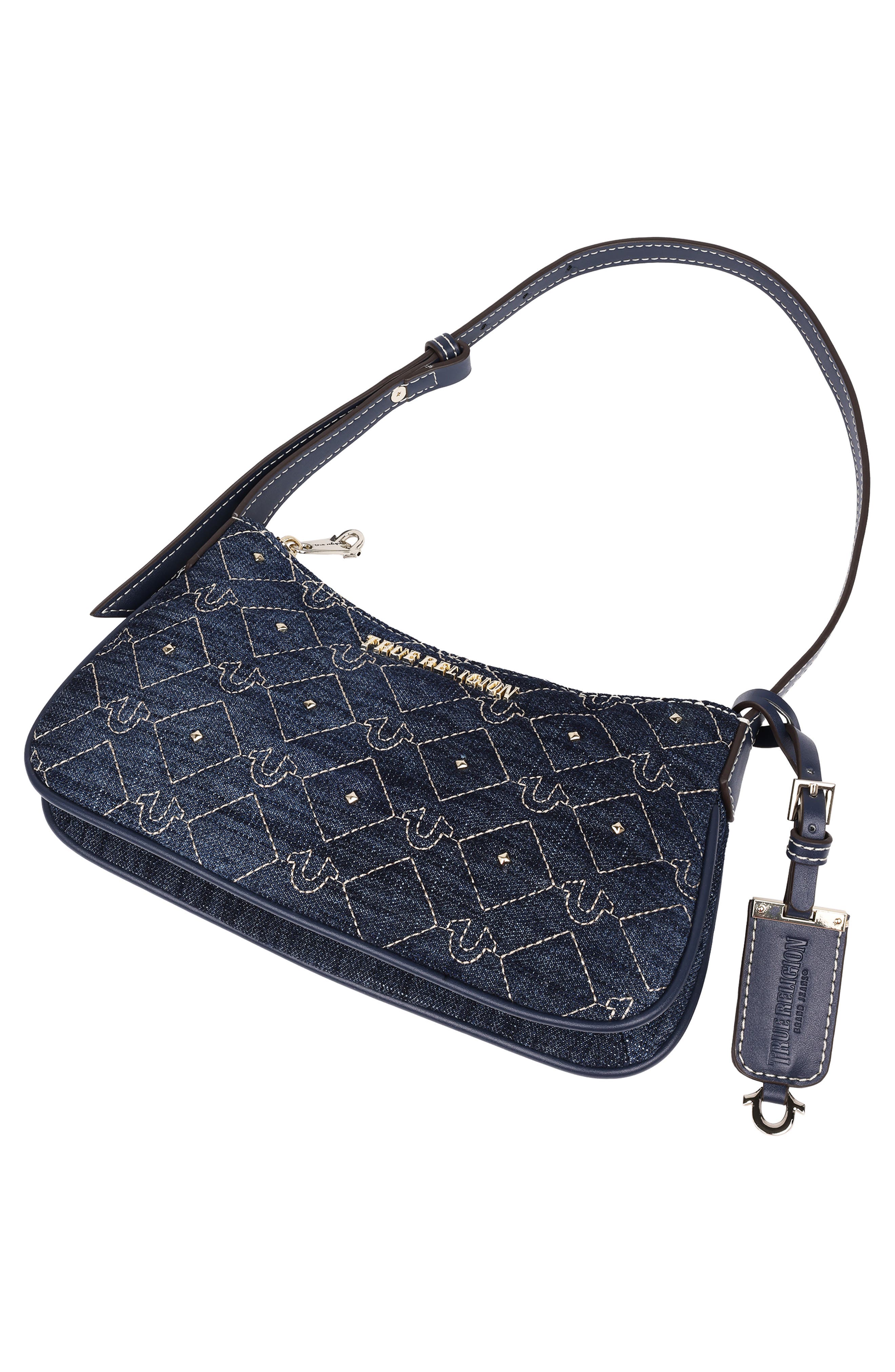 True Religion Studded Horseshoe Denim Shoulder Bag, Alternate, color, Dark Denim