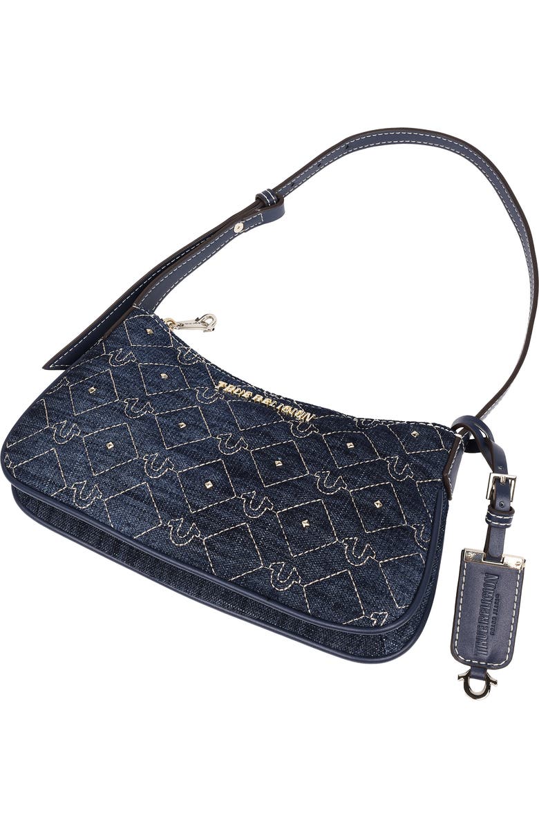 True Religion Studded Horseshoe Denim Shoulder Bag, Alternate, color, Dark Denim