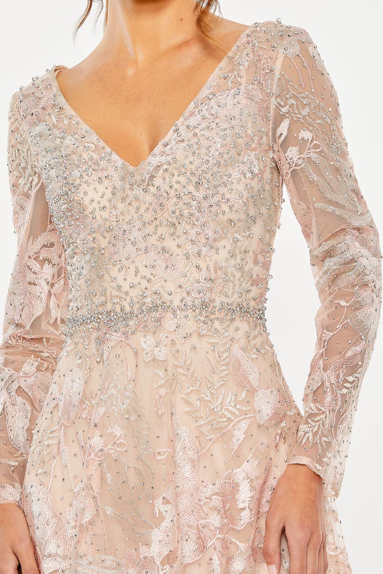 Beaded Embroidered Long Sleeve V Neck Midi Dress, Alternate, color, Blush