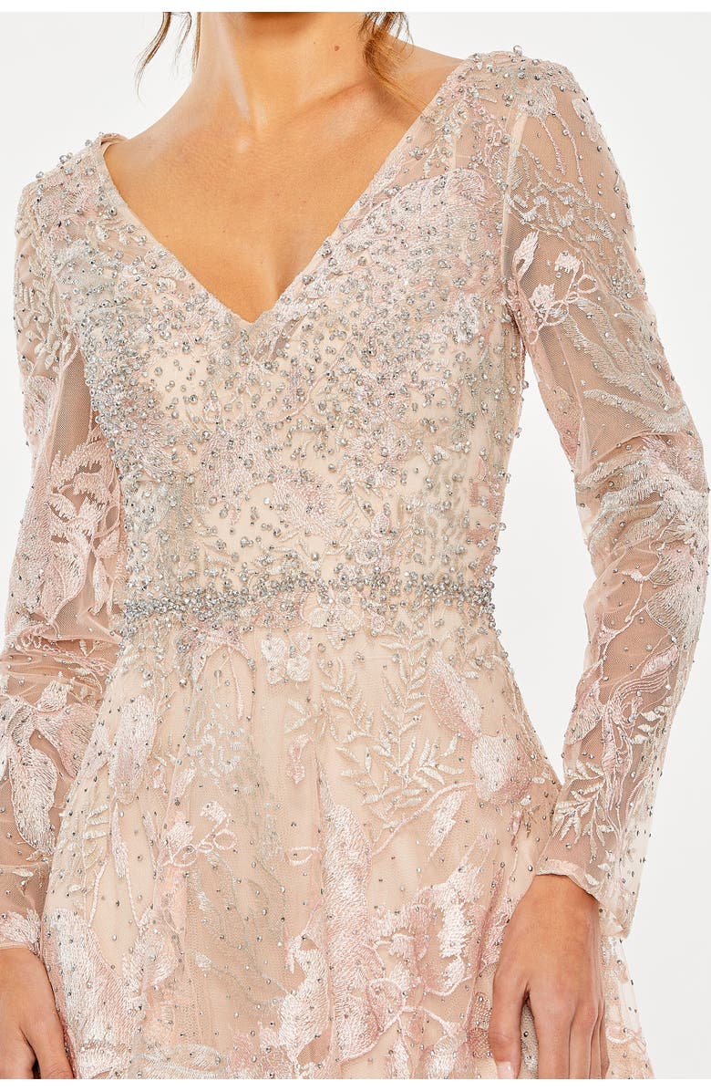 Mac Duggal Beaded Embroidered Long Sleeve V Neck Midi Dress, Alternate, color, Blush