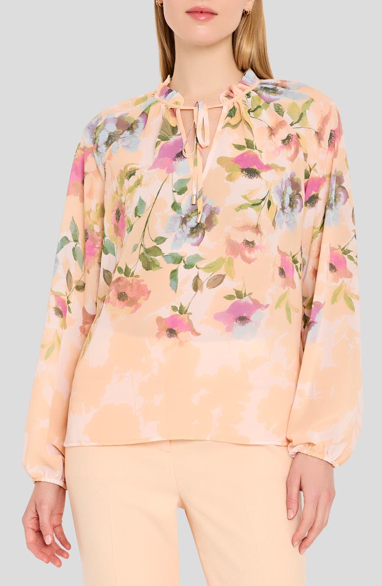 Tahari ASL Floral Print Tie Neck Top, Main, color, Blush Multi
