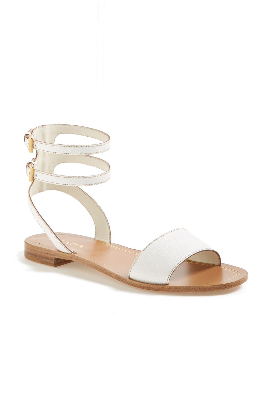 Prada Double Ankle Strap Flat Sandal, Alternate, color, 