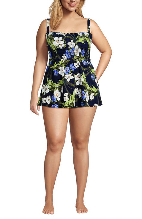 Womens Square Neck Smocked Mini Swim Dress