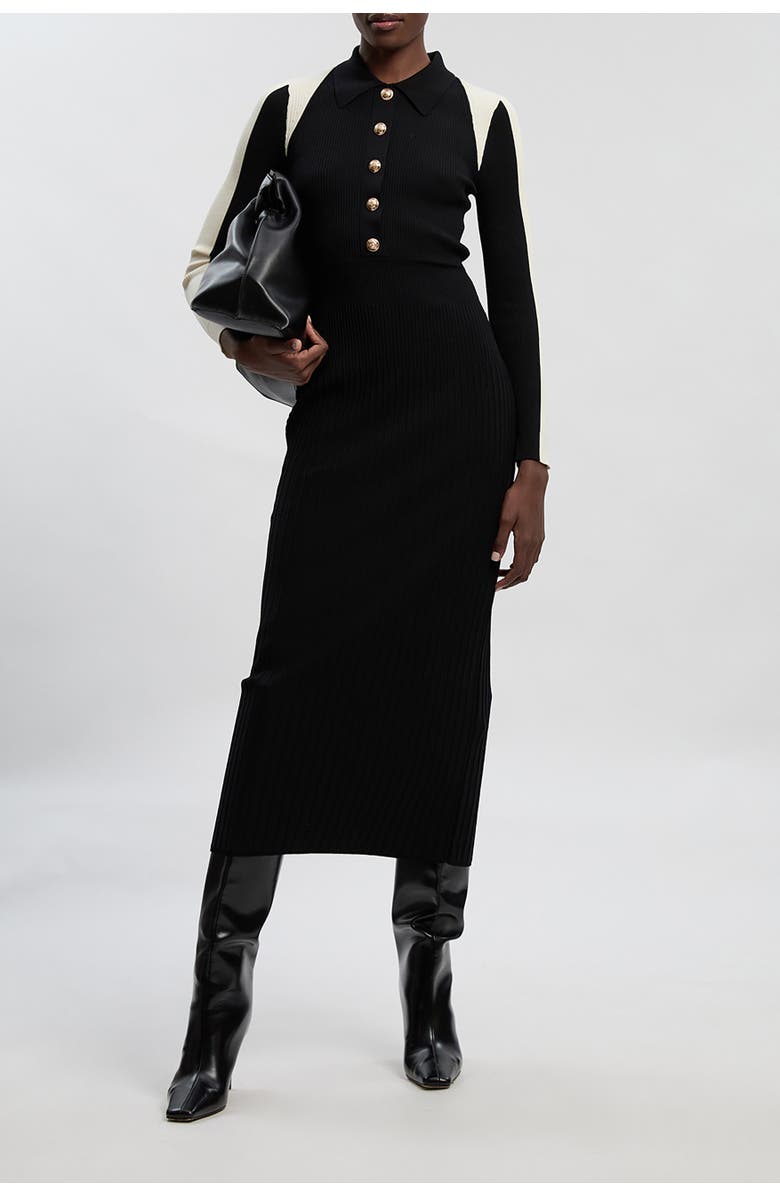 Karen Millen Rib Knit Long Sleeve Military Midi Dress, Alternate, color, Black