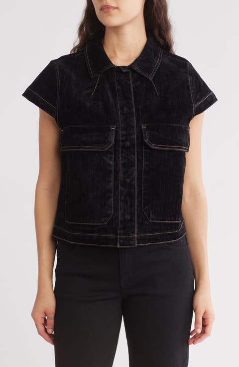 Cap Sleeve Velvet Denim Crop Vest