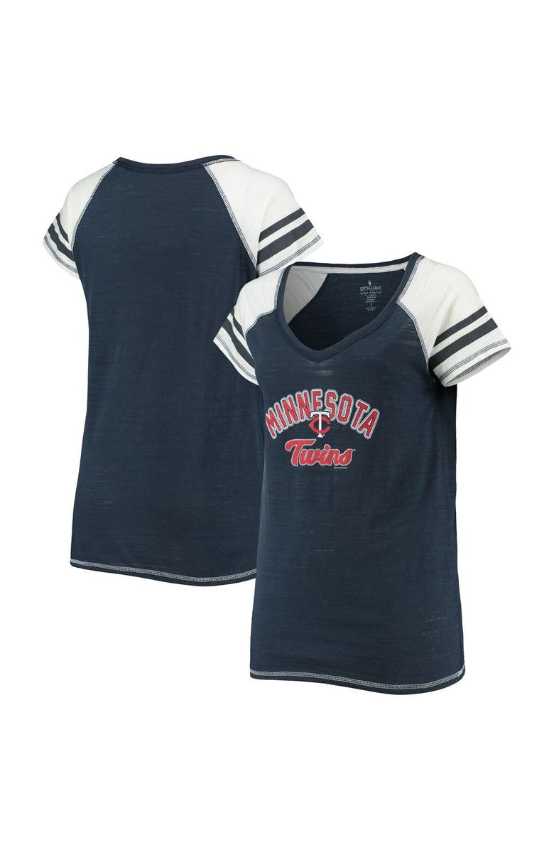 SOFT AS A GRAPE Women's Soft as a Grape Navy Minnesota Twins Curvy Colorblock Tri-Blend Raglan V-Neck T-Shirt, Main, color, 