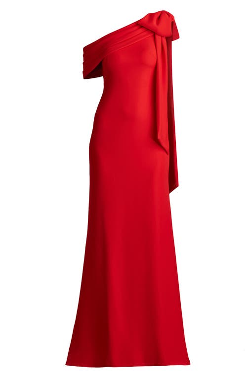 Tadashi Shoji Crepe Gown With Shoulder Bow Sash In Red Rose