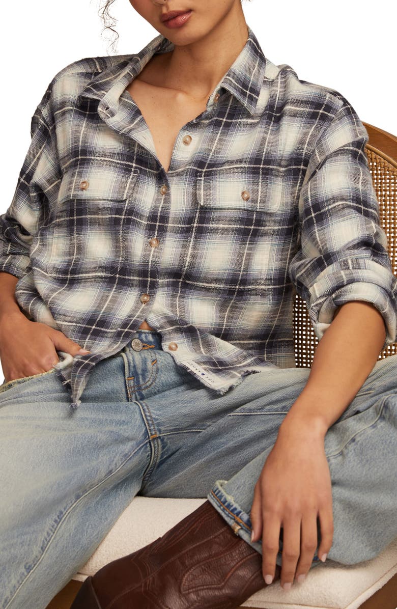 Lucky Brand Plaid Cotton Cropped Raw Hem Button-Up Shirt, Alternate, color, Navy Blue Plaid