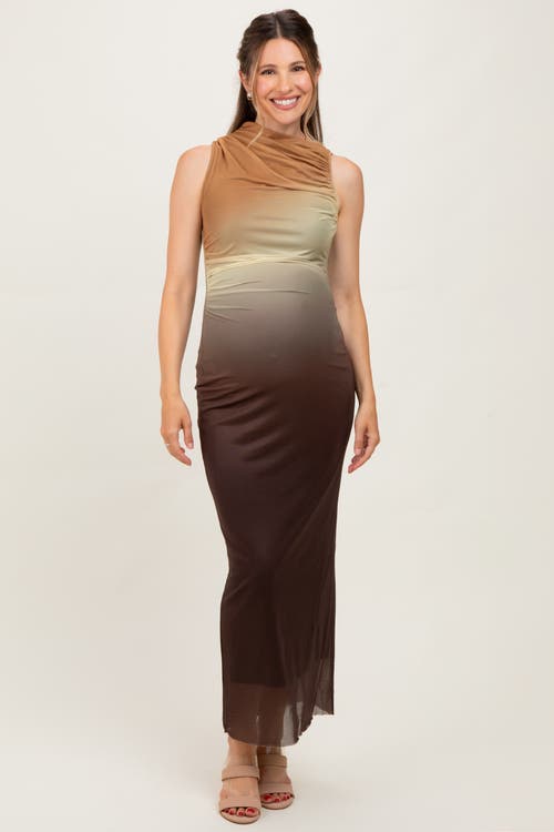 Pinkblush Ombre Mesh Ruched Sleeveless Midi Dress In Brown