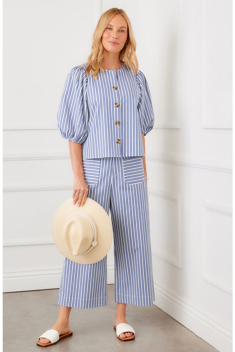 Puff Sleeve Button-Up Shirt, Alternate, color, BLUE/WHITE