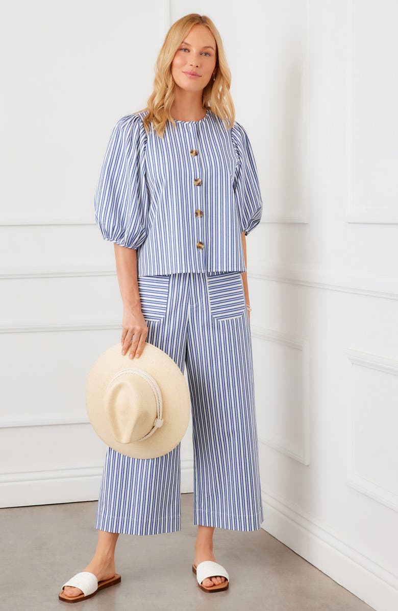 Karen Kane Puff Sleeve Button-Up Shirt, Alternate, color, Blue/White