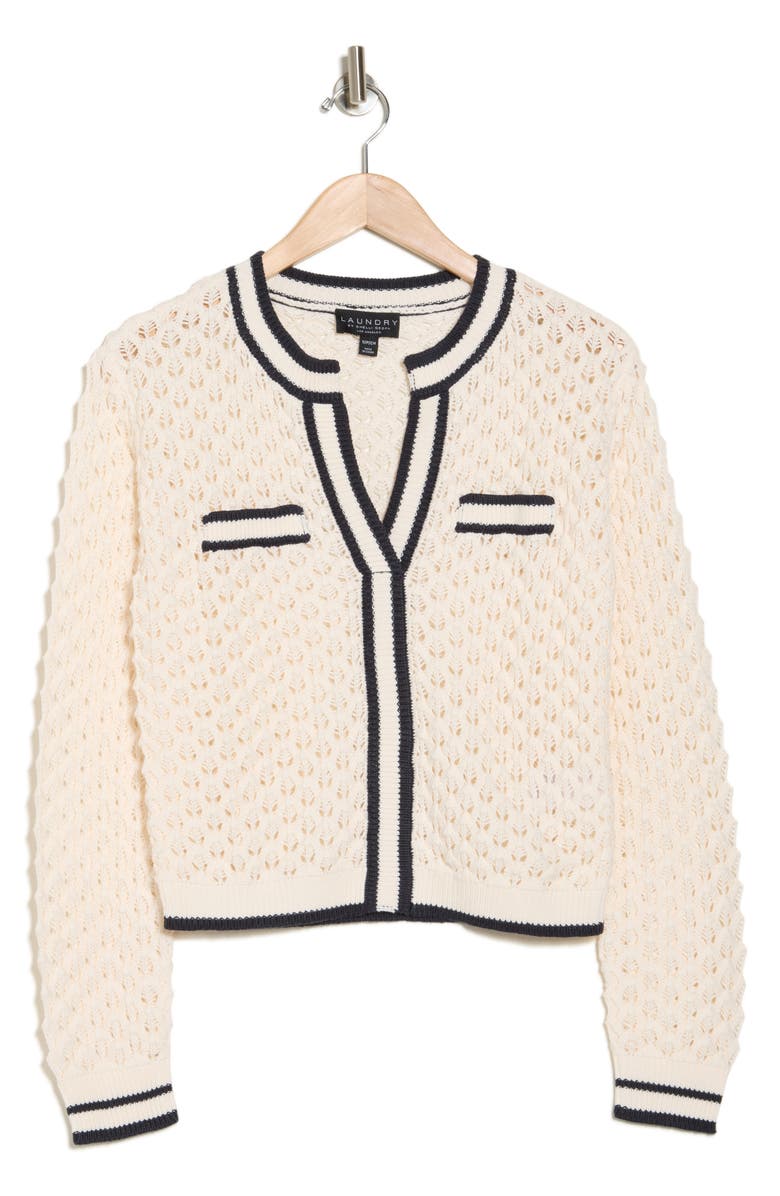 Laundry by Shelli Segal Crochet Stitch Knit V-Neck Sweater, Alternate, color, 