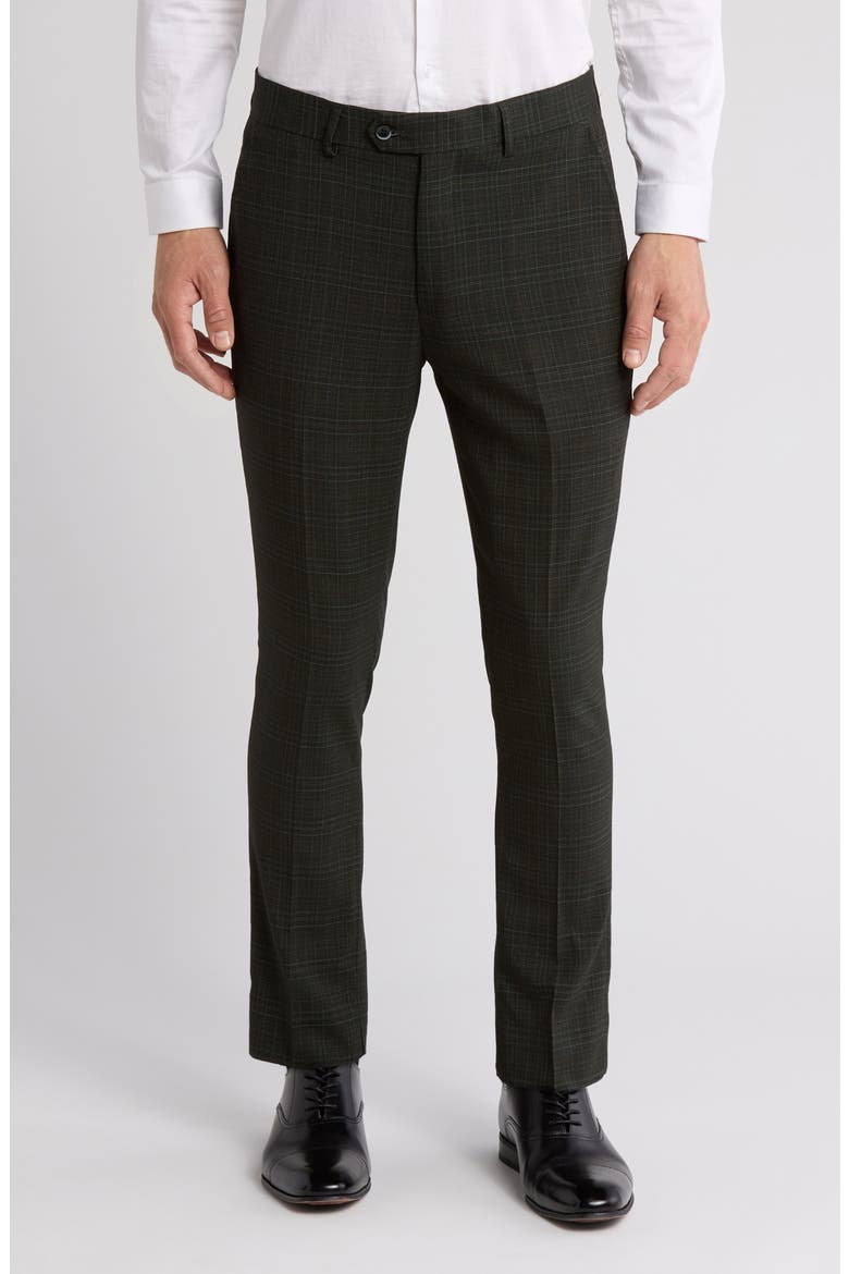 Plaid Slim Fit Dress Pants, Main, color, DARK GREEN