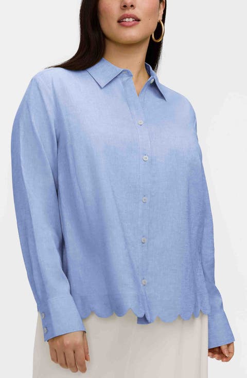 Scarlett Scallop Hem Linen Blend Button-Up Shirt (Plus)