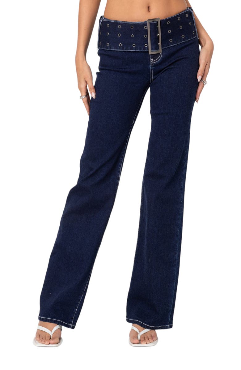 EDIKTED Belted Flare Jeans, Main, color, 