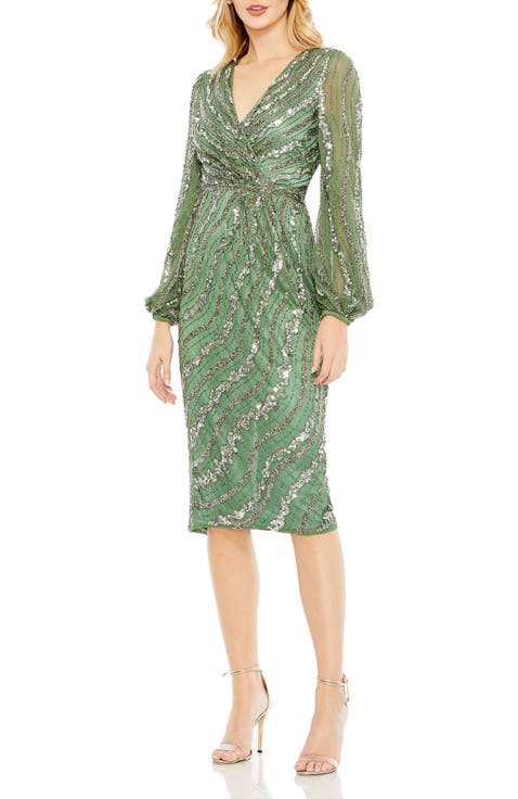 関税送料込【MAC DUGGAL】ミディ ワンピース 花柄 長袖 グリーン 大きいサイズ レディース 小花柄ティアードマキシワンピース
