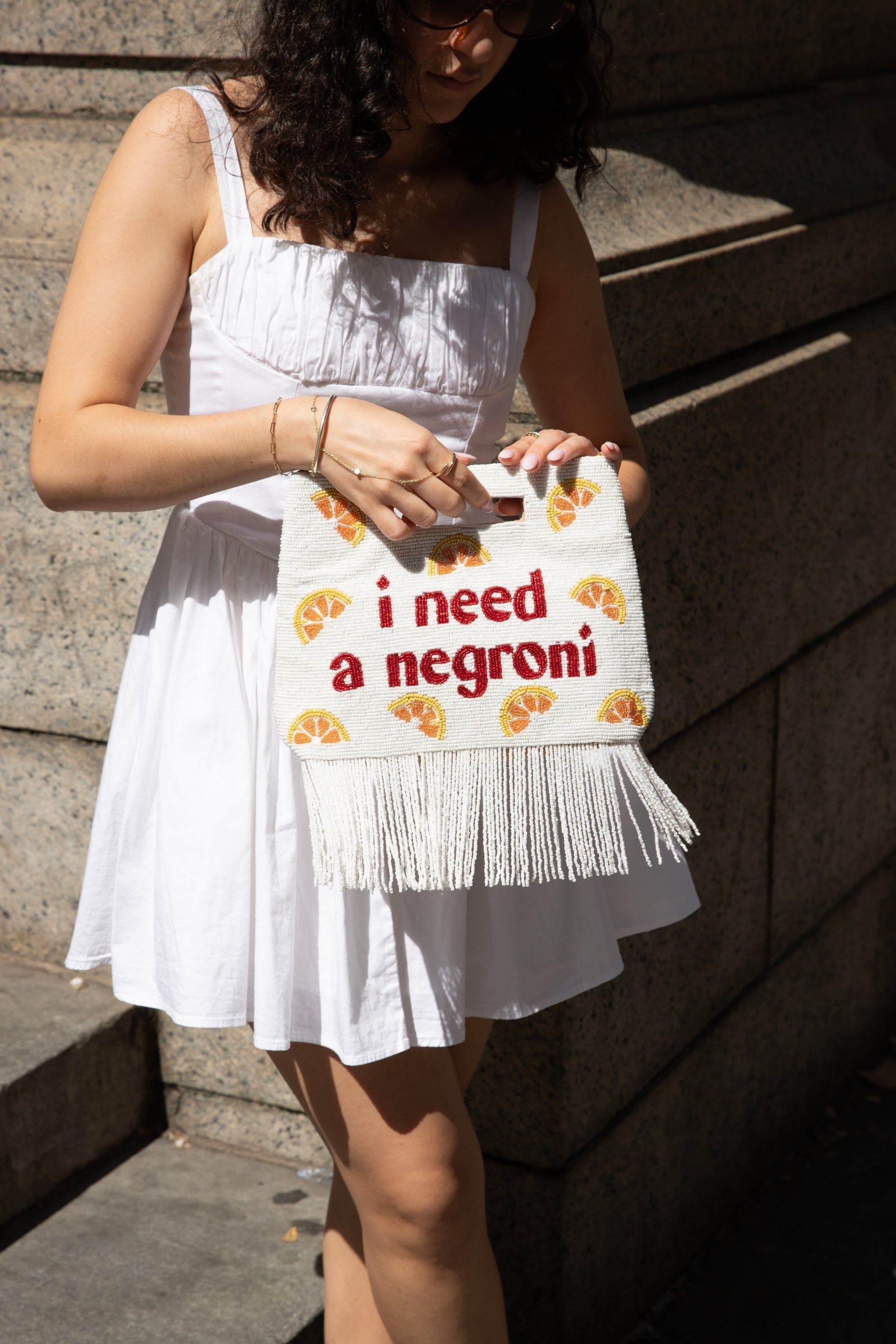 Island to East Side I Need a Negroni Handle Pouch, Fringe, Alternate, color, White
