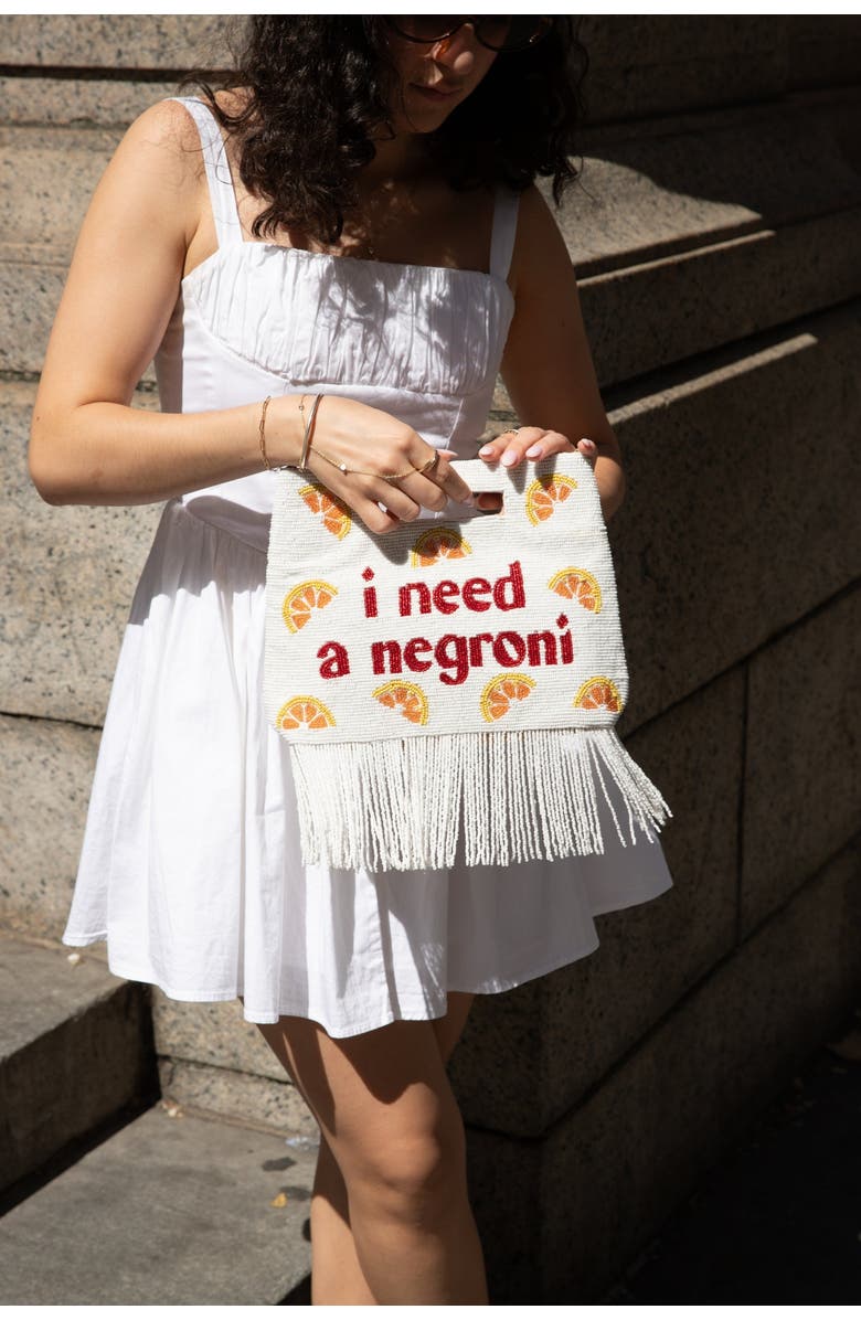 Island to East Side I Need a Negroni Handle Pouch, Fringe, Alternate, color, White