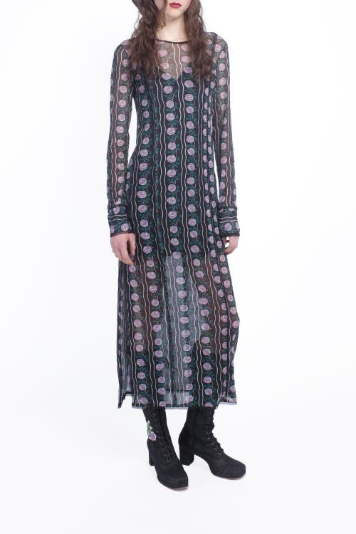Anna Sui Rosetti Mesh Maxi Dress In Black/lilac Multi