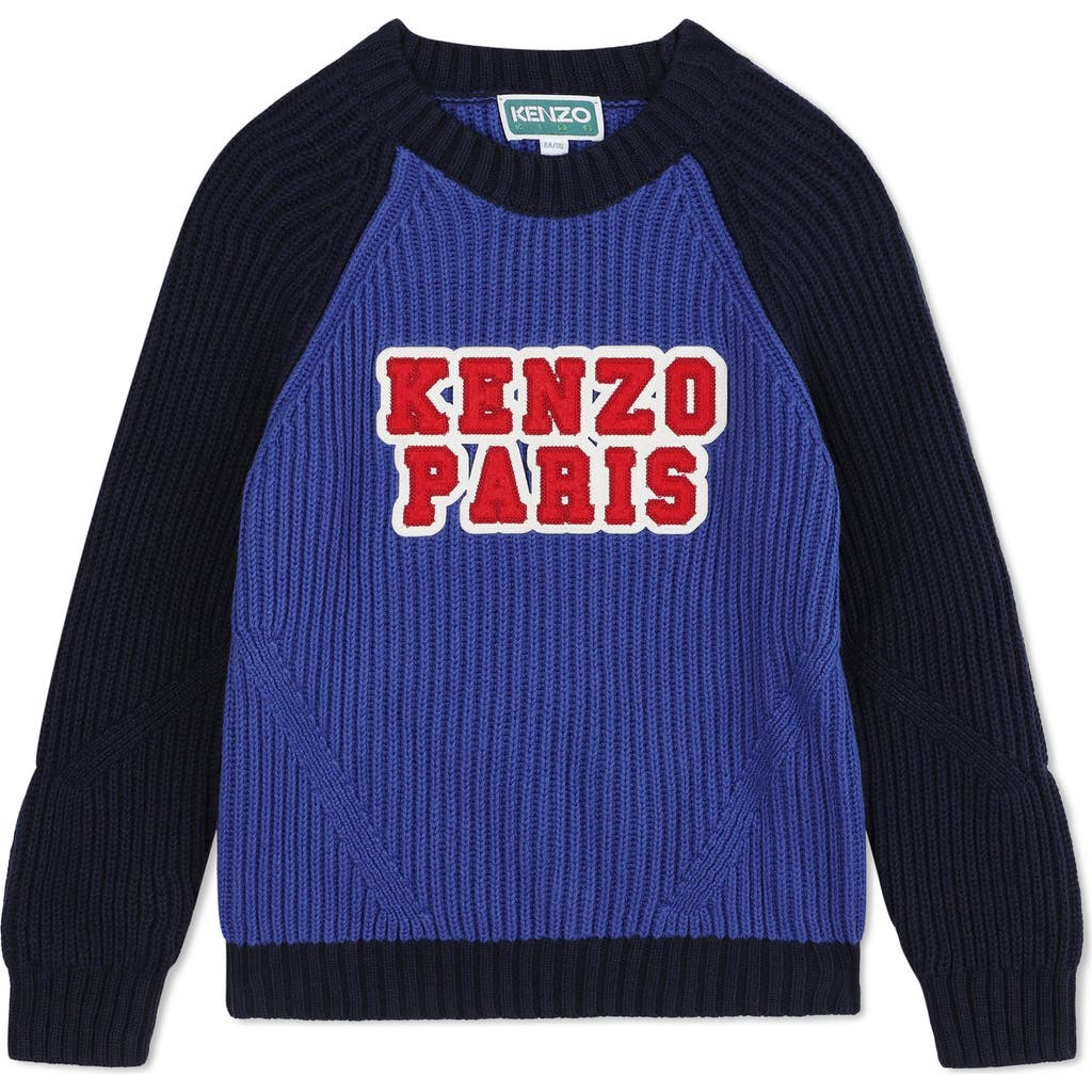 KENZO Kids' Logo Patch Cotton & Wool Rib Crewneck Sweater in Navy