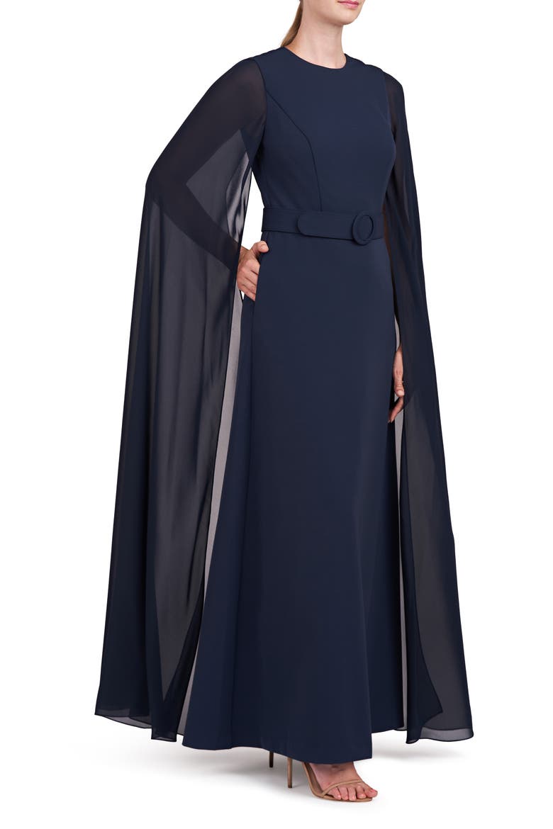 Freya Belted Cape Gown, Alternate, color, DARK NAVY