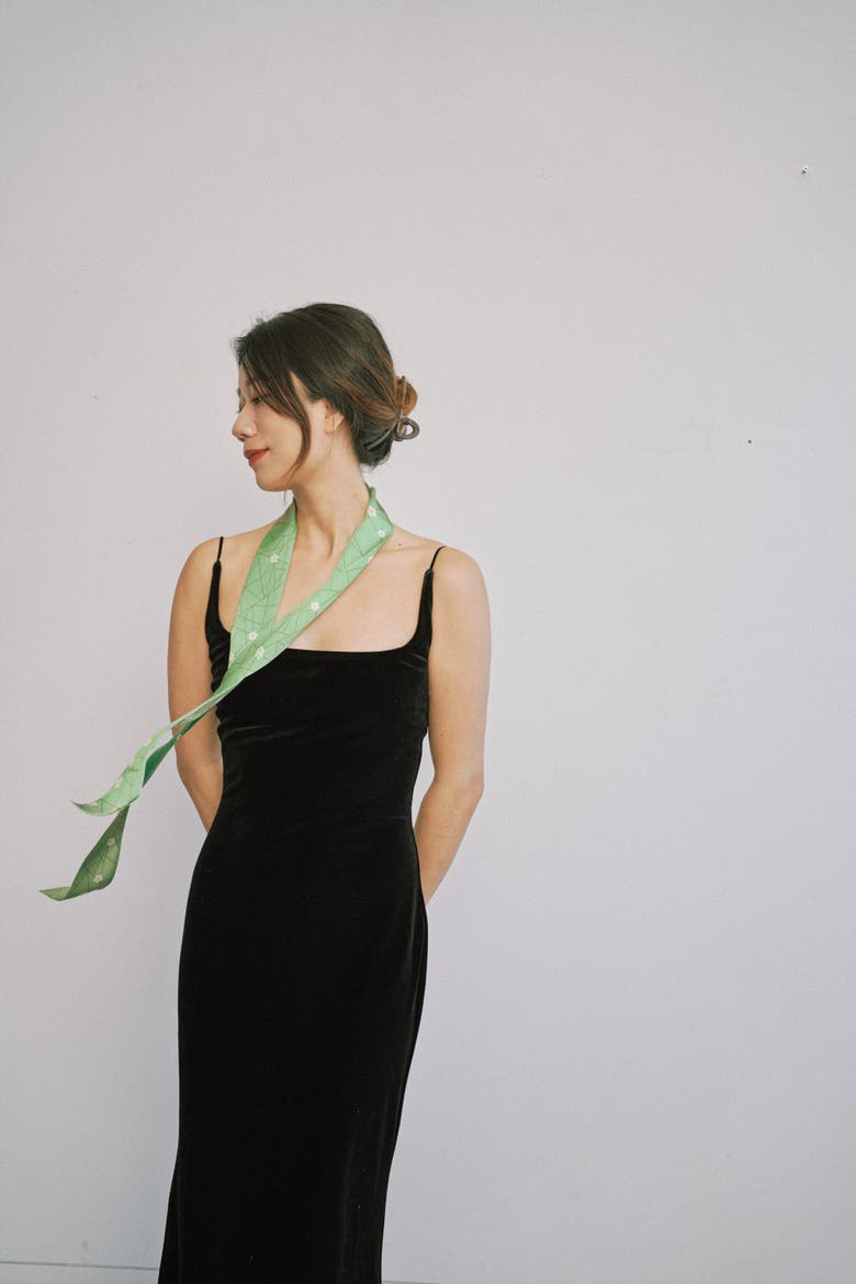 "Almond Blossom" Silk Skinny Scarf, Alternate, color, Matcha