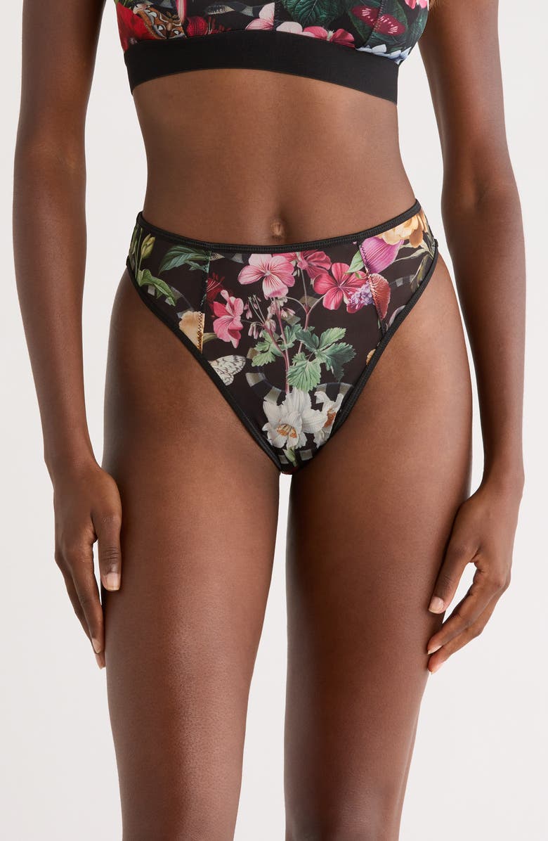 KILO BRAVA Floral Print Mesh Thong, Main, color, Garden Of Eden