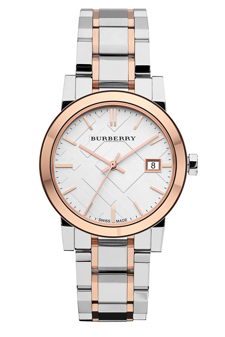 Medium Check Stamped Bracelet Watch, 34mm, Main, color, SILVER/ ROSE GOLD