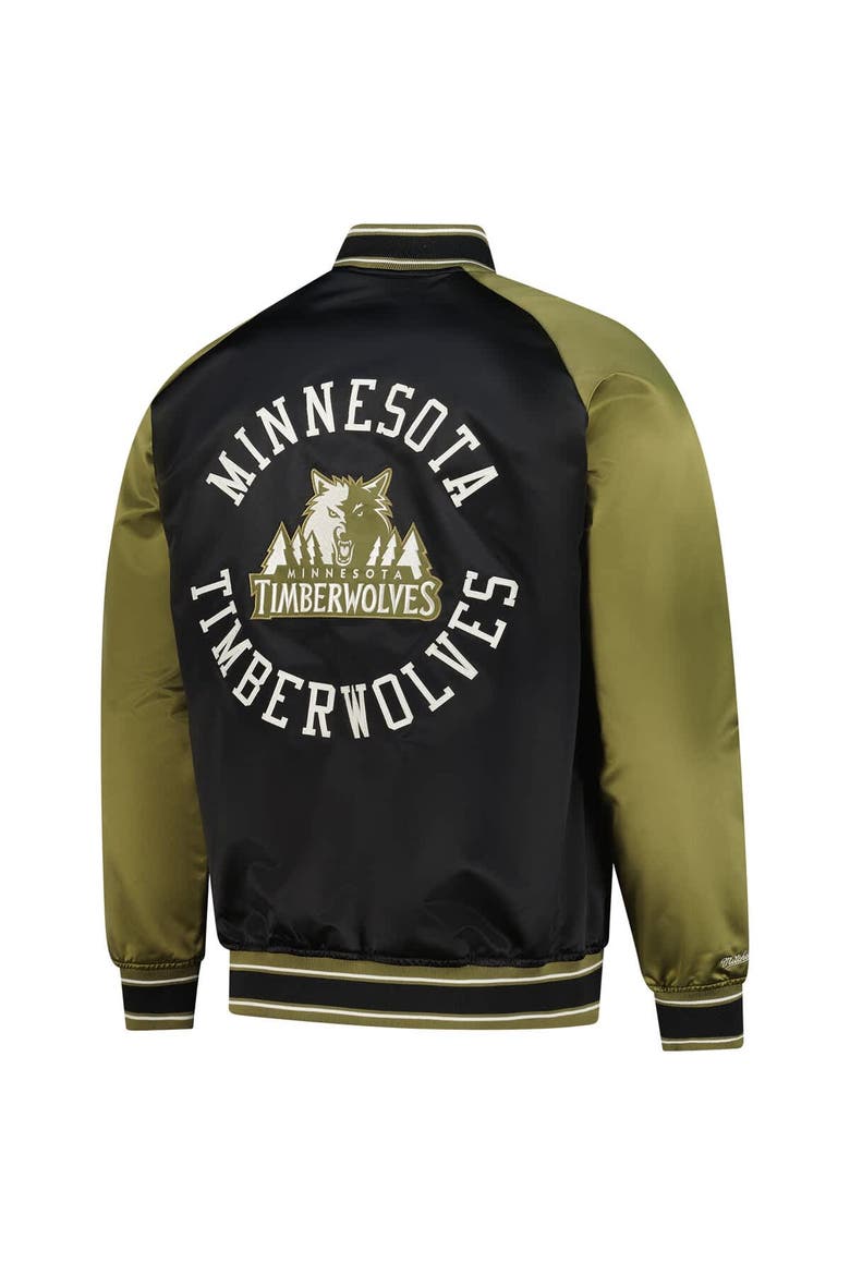 Men's Mitchell & Ness Olive/Black Minnesota Timberwolves Clutch Satin Raglan Full-Snap Jacket, Alternate, color, Olive