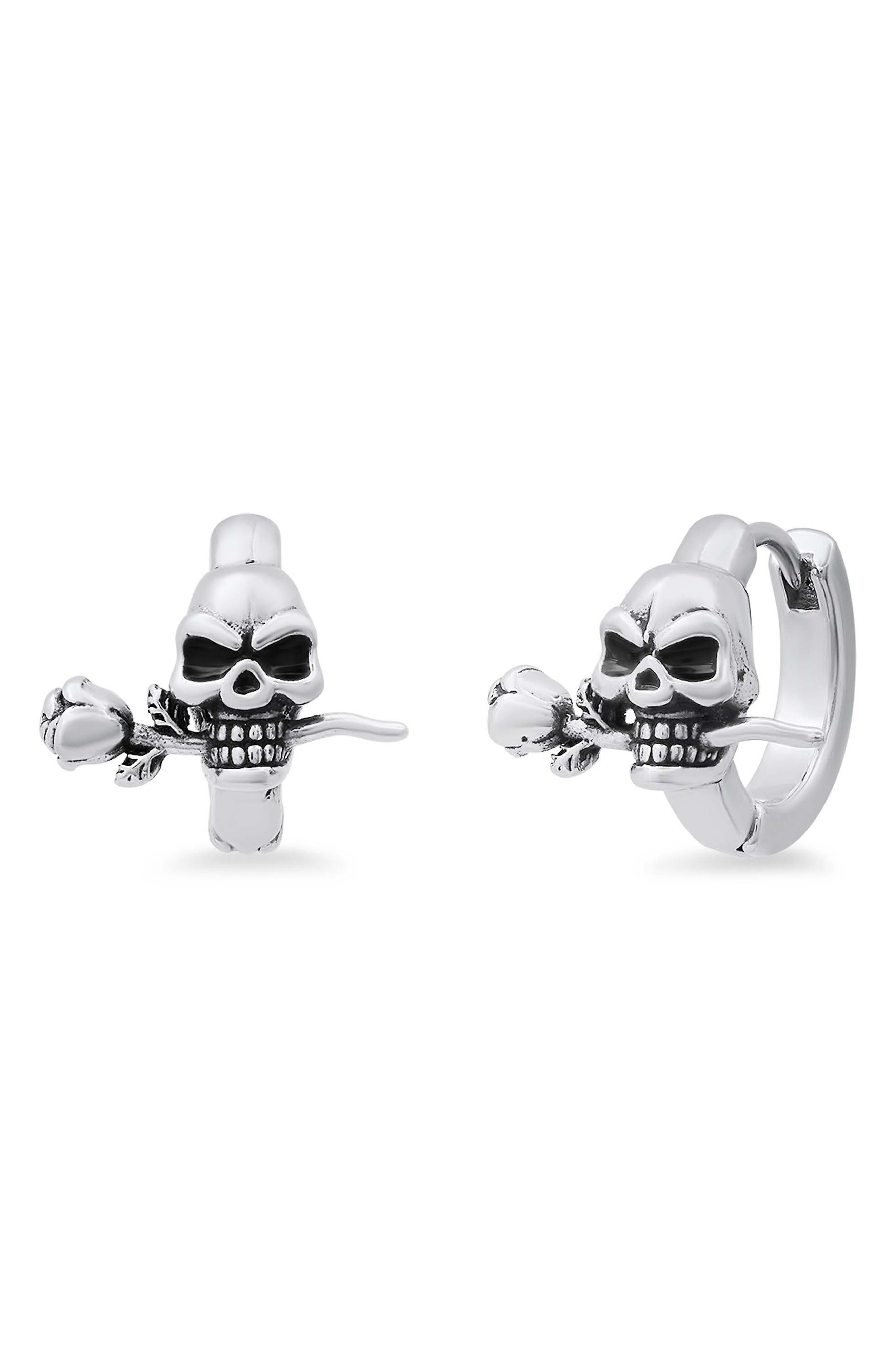 Men's Stainless Steel Skull & Rose Huggie Hoop Earrings