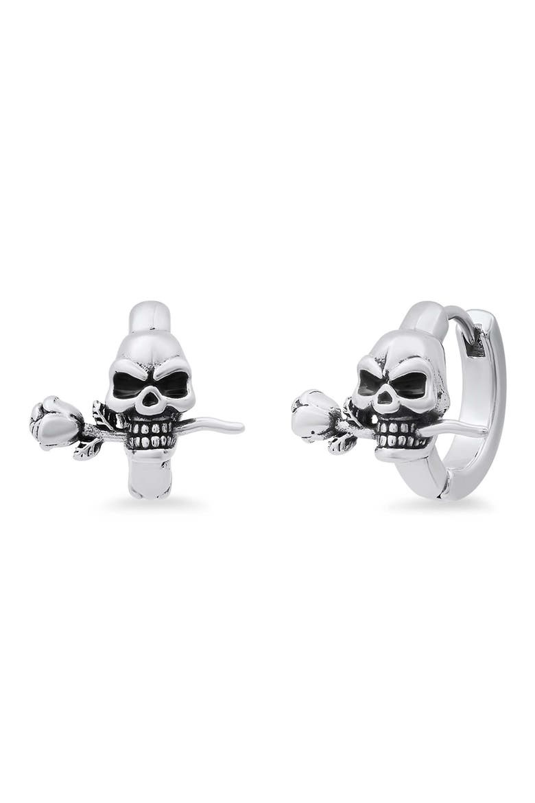 Men's Stainless Steel Skull & Rose Huggie Hoop Earrings, Main, color, SILVER