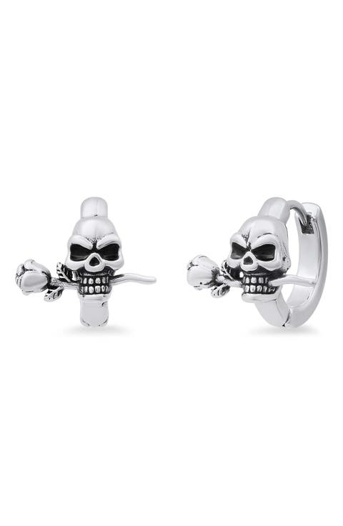 Men's Stainless Steel Skull & Rose Huggie Hoop Earrings