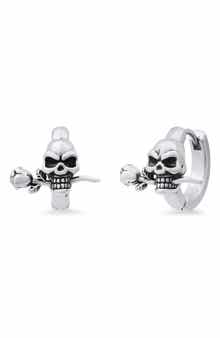 Men's Stainless Steel Skull & Rose Huggie Hoop Earrings