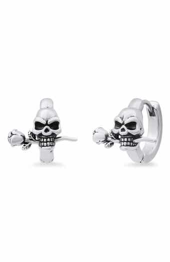 Men's Stainless Steel Skull & Rose Huggie Hoop Earrings