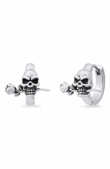 Men's Stainless Steel Skull & Rose Huggie Hoop Earrings