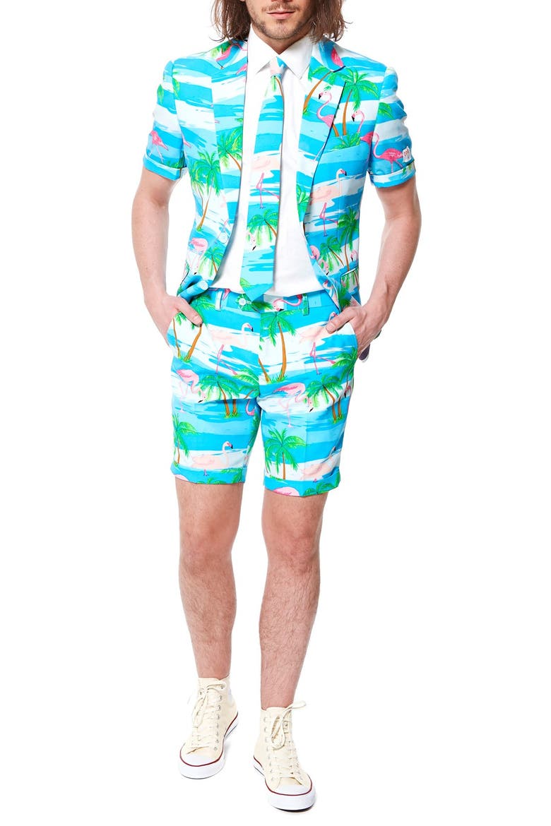 OppoSuitsFlaminguy - Summer' Trim Fit Two-Piece Short Suit with Tie, Main, color, BLUE