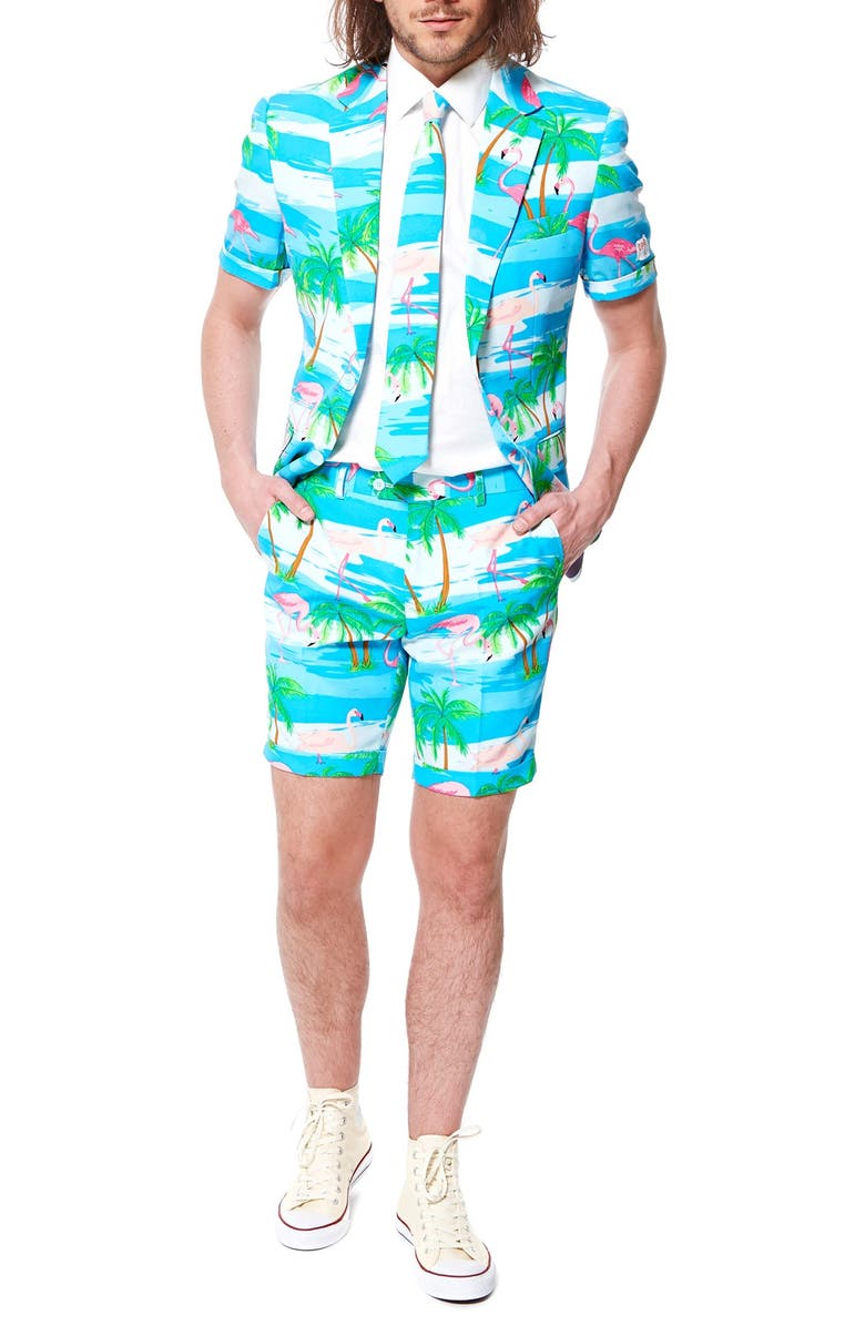 OppoSuits Flaminguy - Summer' Trim Fit Two-Piece Short Suit with Tie, Main, color, Blue