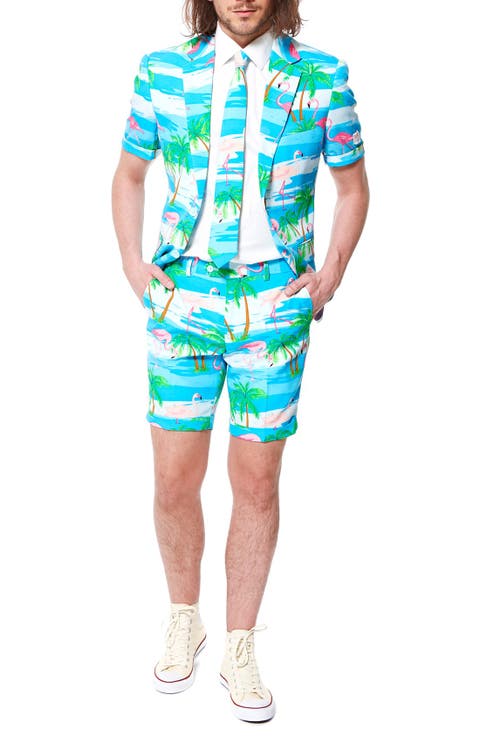 Flaminguy - Summer' Trim Fit Two-Piece Short Suit with Tie