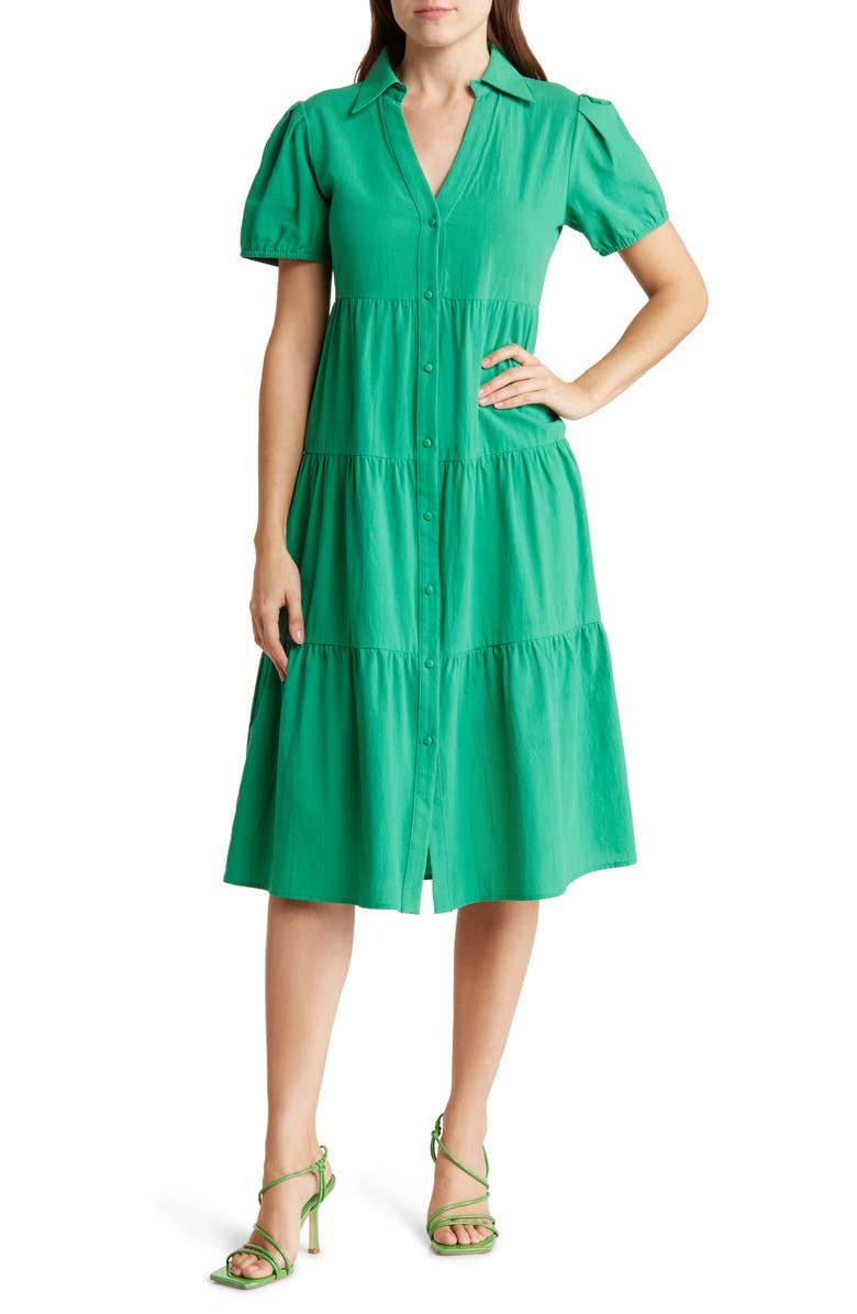 AREA STARS Short Sleeve Tiered Shirtdress, Main, color, Green