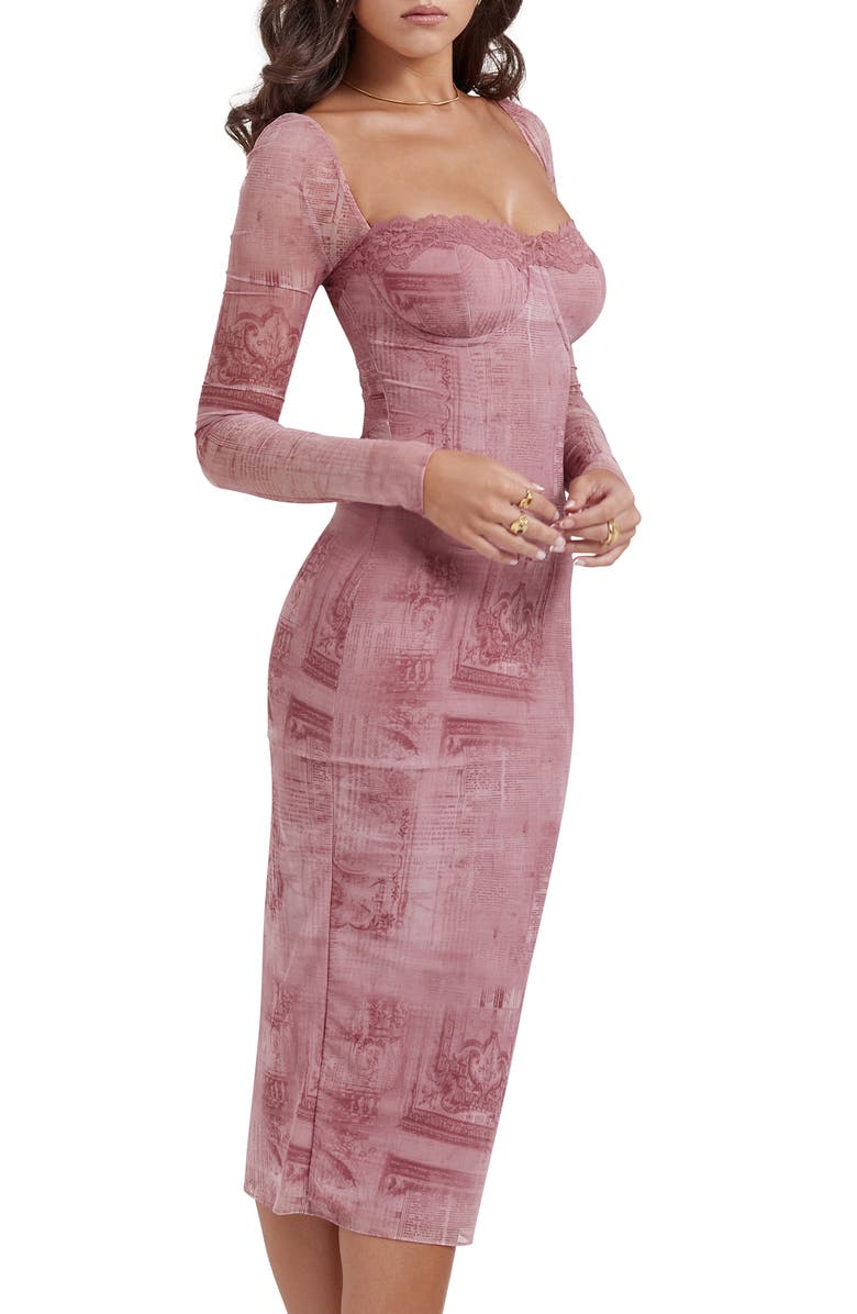 HOUSE OF CB Seraphina Corset Detail Long Sleeve Dress, Alternate, color, Grape Print